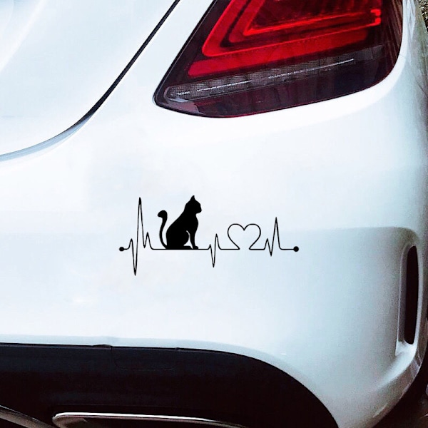 1 stk. Hvid, 17,8×8 cm Kat Hjerteslag Vinyl Decal Sticker Bilrude Kofanger Premium Kvalitet UV-bestandig Udskåret