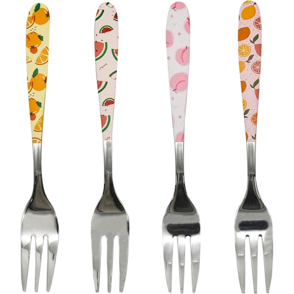 4 stk. Små appetitvækkere gafler med frugtmønsterprint 13,9 cm Cocktailgaffel 18/10(304) Rustfrit stål Mini dessertgaffel til syltede agurker Frugtkage Salat P