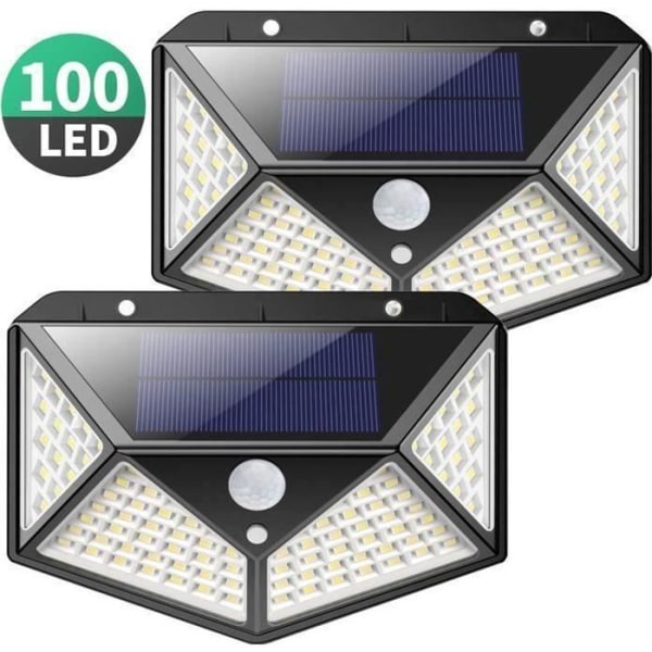 2 pakke udendørs solcellelys 100 LED'er, bevægelsesdetektorbelysning 270