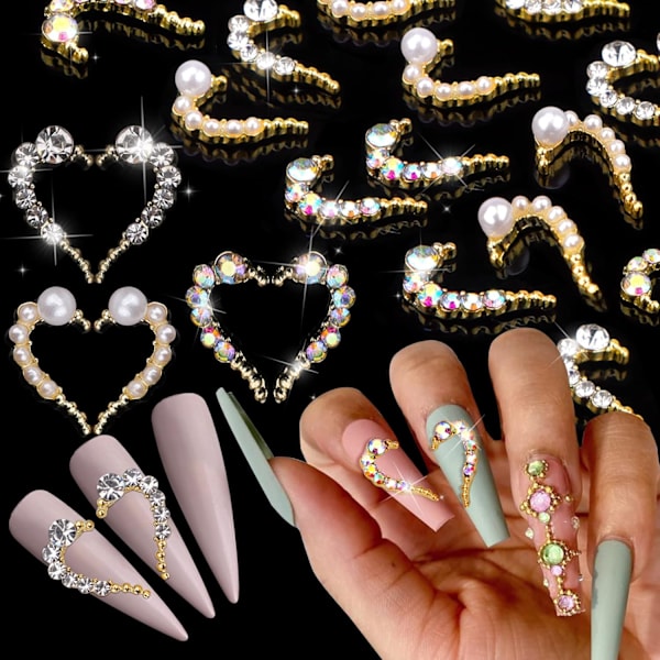 60 st Hjärtformade Nageldekorationer, Valentinhjärtan Nagelkonst Strass Pärla Färgad Vit Kristall Stenar Nageldiamant för Flickor Kvinnor DIY Nagelkonst Dekoration