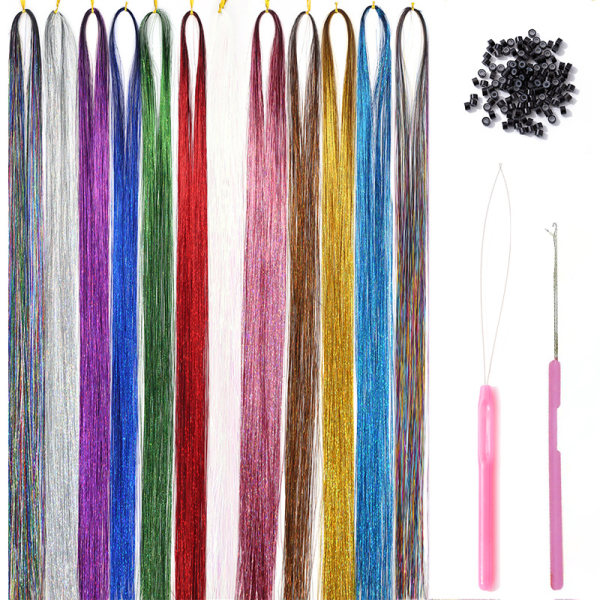 12 färger Tinsel hårstrån, Fairy Hair Extensions, Strand Hair