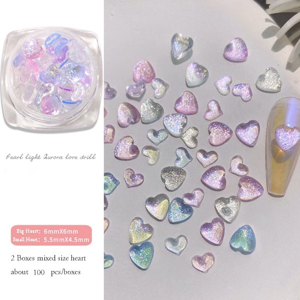 2 Glas Hjerte Neglekunst Charms, Blandet Størrelse Krystal Smykker 3D Skinnende Aurora Kærlighed Hjerter Negle Sten Rhinestones til Kvinder Valentinsdag Akryl Negle Dec