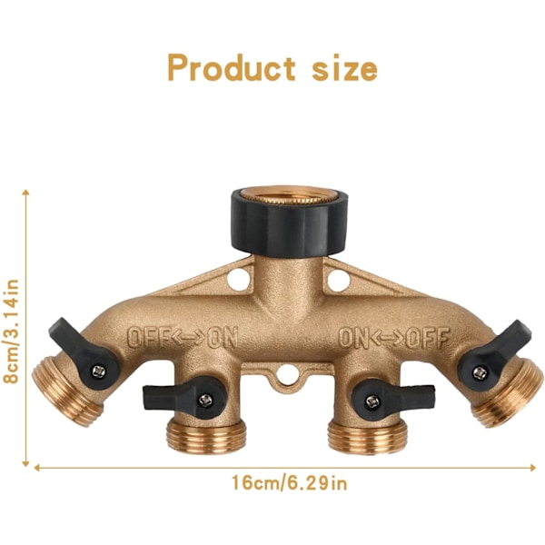 Vannsplitter, 4-veis messingkran hagefordeler, hageslange splitter med separat ventil, 3/4\" vannkobling, for hagevanning, utendørs