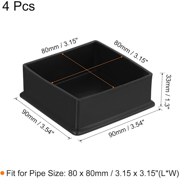 4 st Fyrkantiga PVC Stolsbensskydd, 80mm x 80mm OD, Svart, Möbelskydd för Bord, Stolsbensskydd, Golvskydd för Uteplatsbord