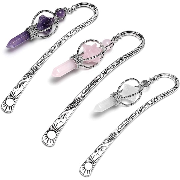 3pcs Silver Metal Bookmark for Women Beading Bookmarks with Crystal Quartz Merkaba Hexagonal Pointed Bead