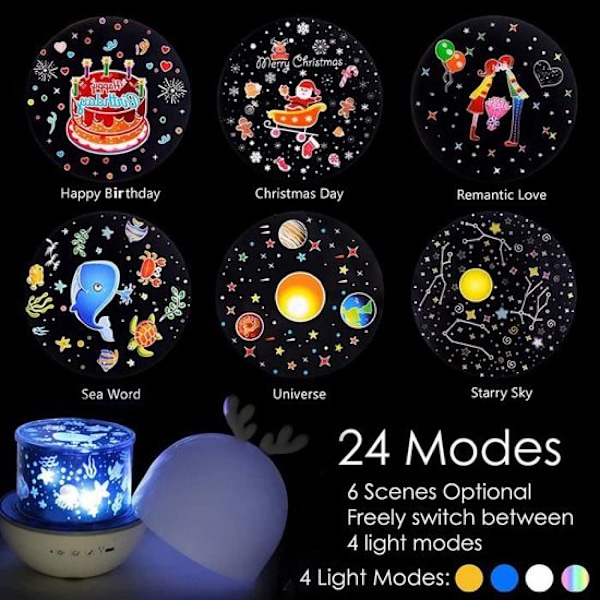 Musiknatlys 6-mode LED-projektorlampe med 8 sange, roterende til børn med fjernbetjening, stjernehimmelprojektor