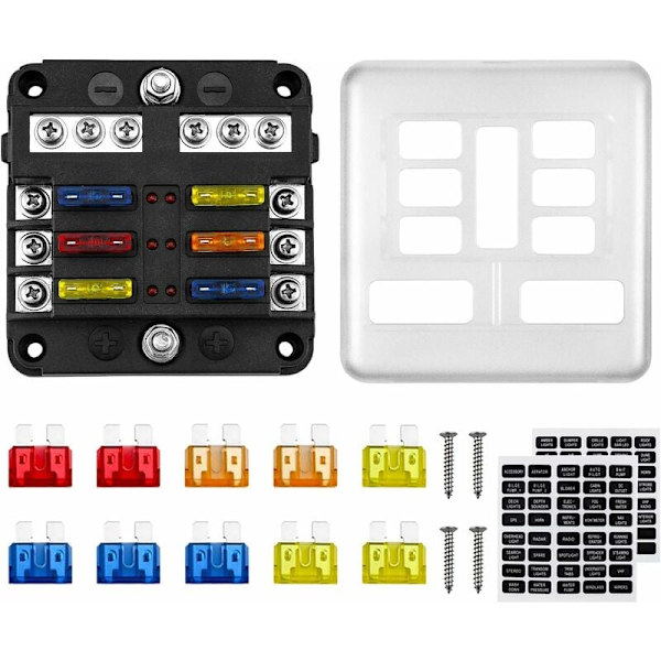6-vägs Säkringsbox 12V Säkringshållare ATO 32V 100A med 10 Säkringar 6 LED I