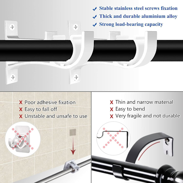Set med 2 kraftiga vita metallgardinstångsbeslag för 26-28 mm