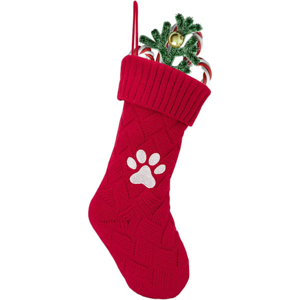 1 PCS Red Christmas Stockings, 18 Inches Large Knit Pet Stocking with Paw Embroidery, Cable Knit Xmas Hanging Stocking F