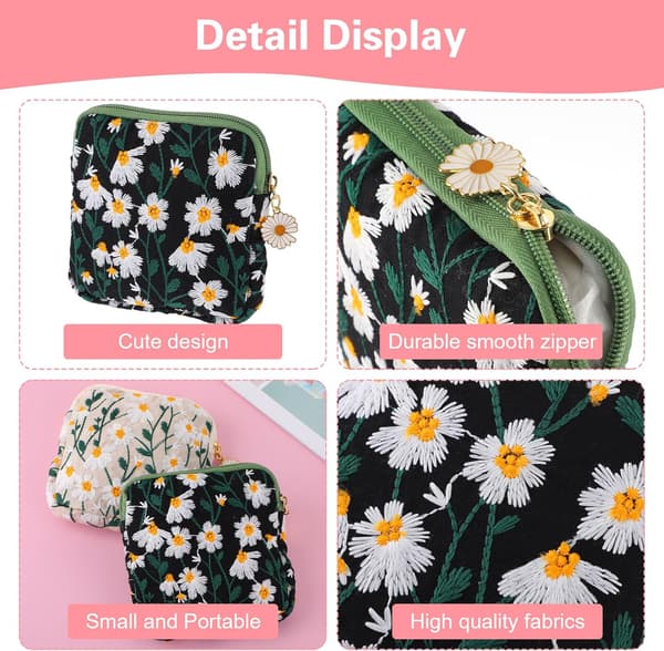 2 stk. Tusenfryd Sanitetsbind Oppbevaringspose, Broderi Menstruasjonskopp Pose Bomull Myk Periodeholder Pose Bærbar Tampongholder Bind Pose Periode Kit Ba