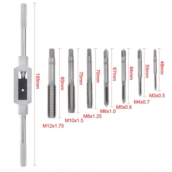 HSS-kierteistyspurkaussetti 8 kpl, M3-M12 purkaimet ja 1/16\"-1/2\" avain