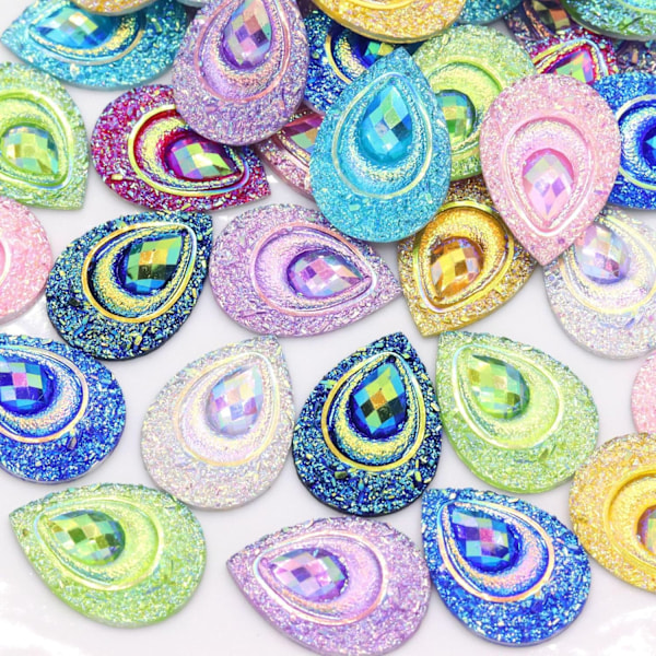 60 stk. Fargerike dråpeformede flatback rhinestones i resin med påfugløye, MM vanndråpe flatback resin, for vesker, klær, sko, bryllup DIY dekorative håndverk (Lys