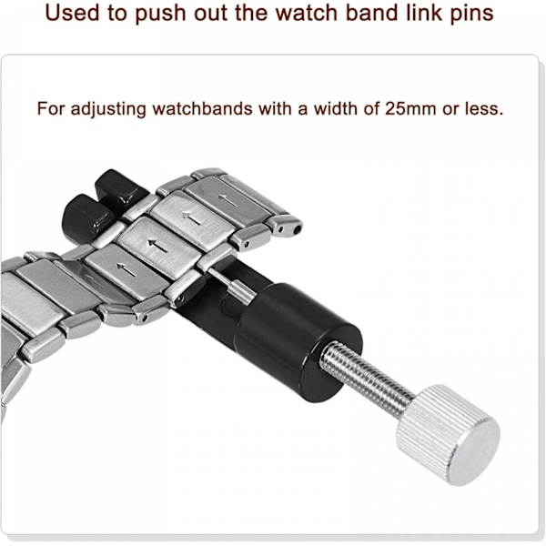 Verktyg för att ta bort länkstift på armband med 3 reservstift, 25 mm justerbar bredd för att ändra storlek på klockarmband, svart