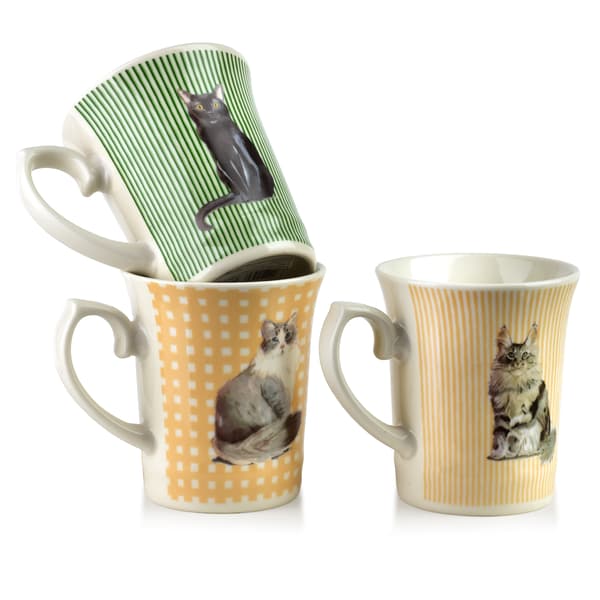 Mugg DANNY grå katt med pastellränder, porslin, 300 ml, 8,5x12x10 cm