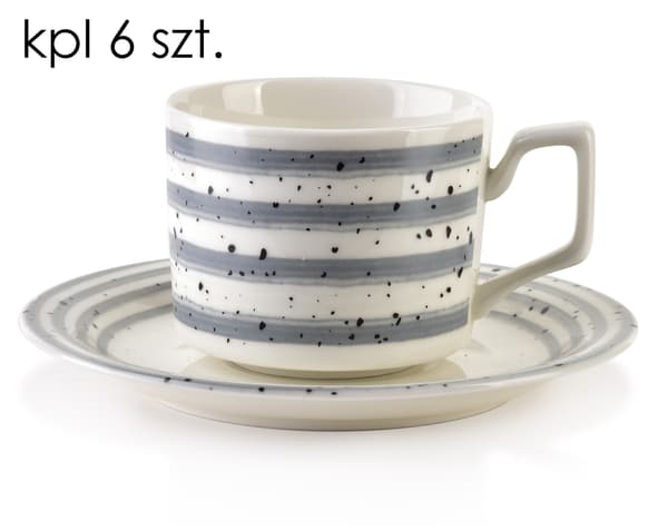 JOY Set med 6 grå porslinskoppar och fat - Elegans för varje dag
