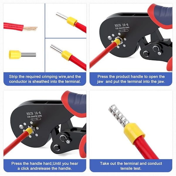 HSC8 16-6 + 1200 Kabelfästen - Klammer för Crimpning - 0,08-16mm² - Crimpverktyg för Elektriker - Röd blå