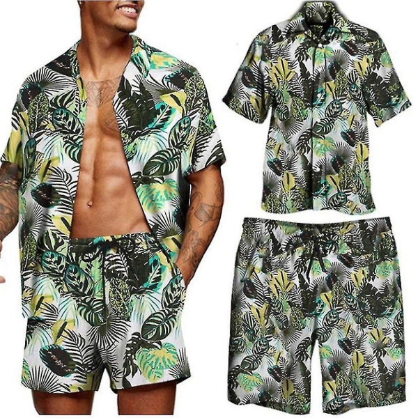 Hawaiianskjortor för män Casual Button Down kortärmad Green L