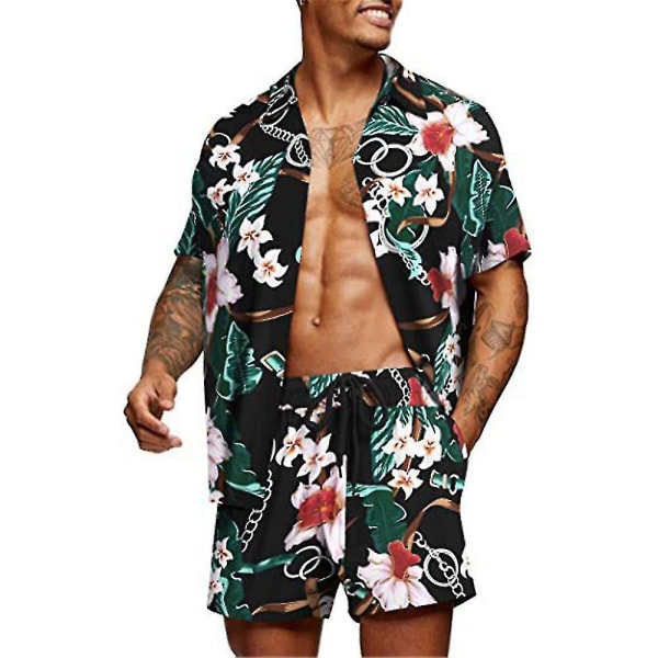 Hawaiianskjortor för män Casual Button Down kortärmad Black XL