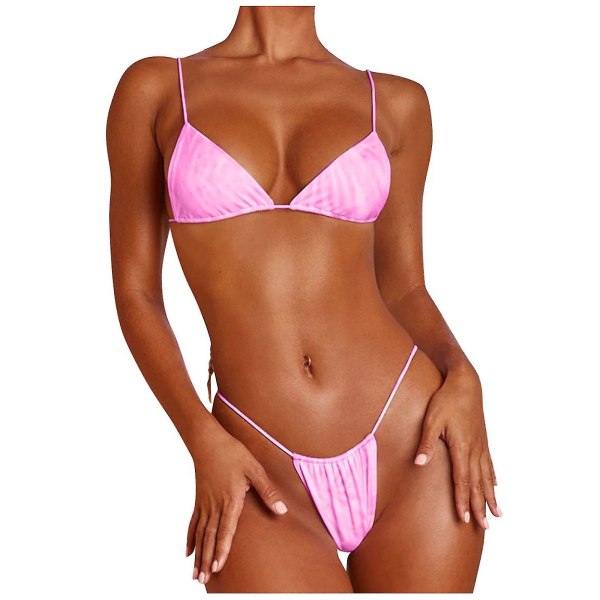 Kvinnor Sexig Solid Push Up High Cut Lace Up Halter Bikini Set Pink M