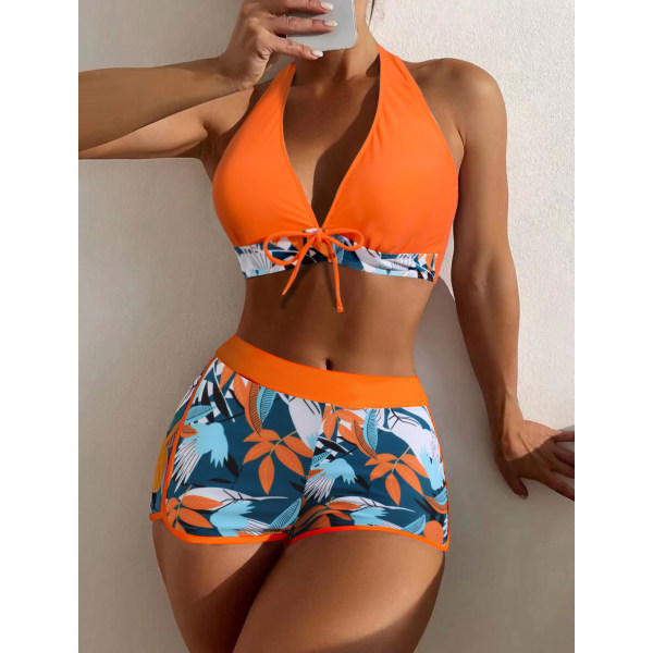 Hög midja Boxer Tie Print Solid Bikini Set orange L