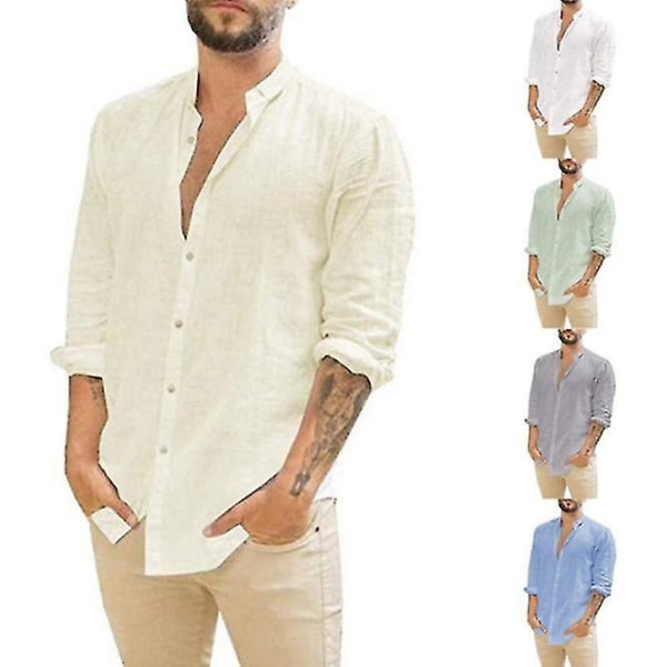 Linne enfärgade skjortor med ståkrage för män white XL