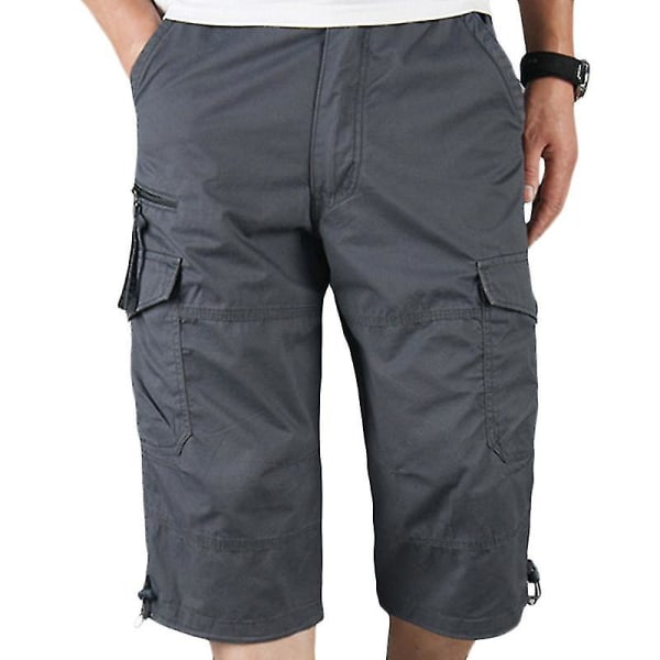 Män Plain 3/4 Längd Cargo Pants Combat Multi Pockets Dark Grey 2XL