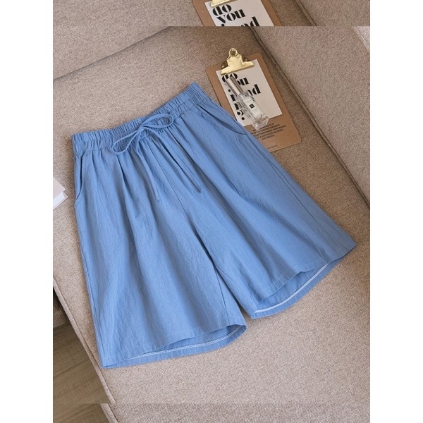 Bomullsshorts Summer Casual Solid Cotton Linneshorts Blue L