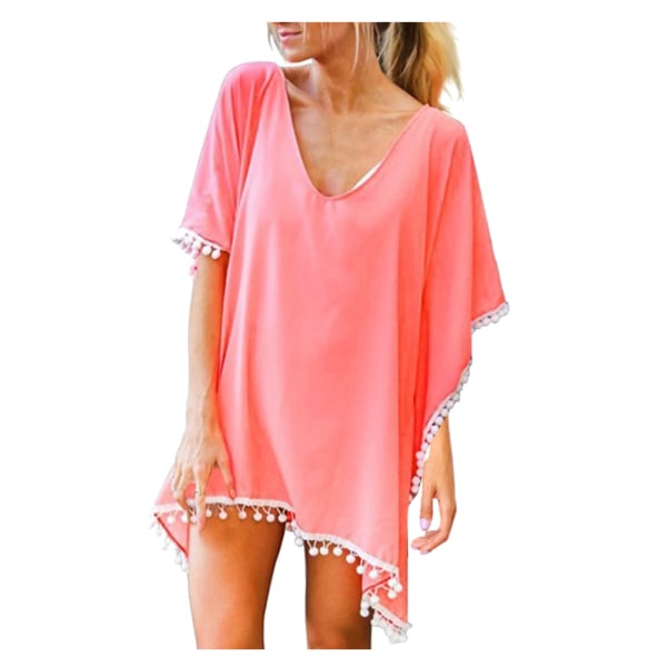 Solid chiffong frans strandklänning pink 2XL