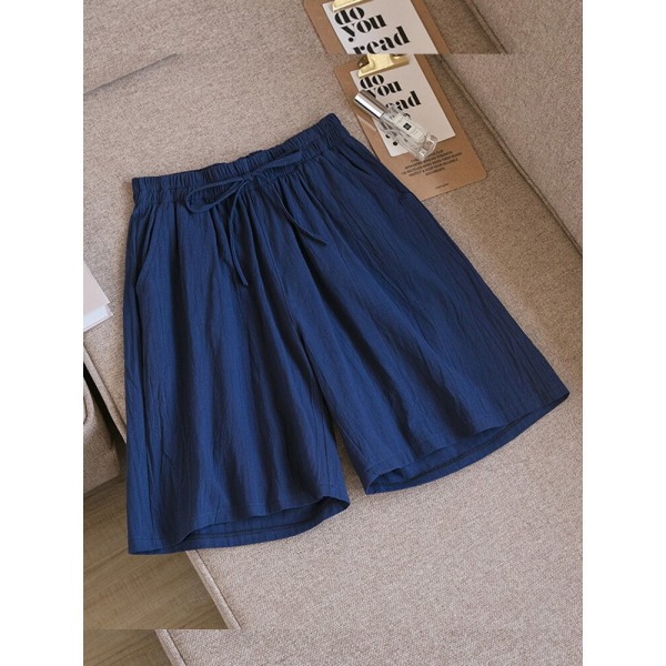 Bomullsshorts Summer Casual Solid Cotton Linneshorts deep blue XL