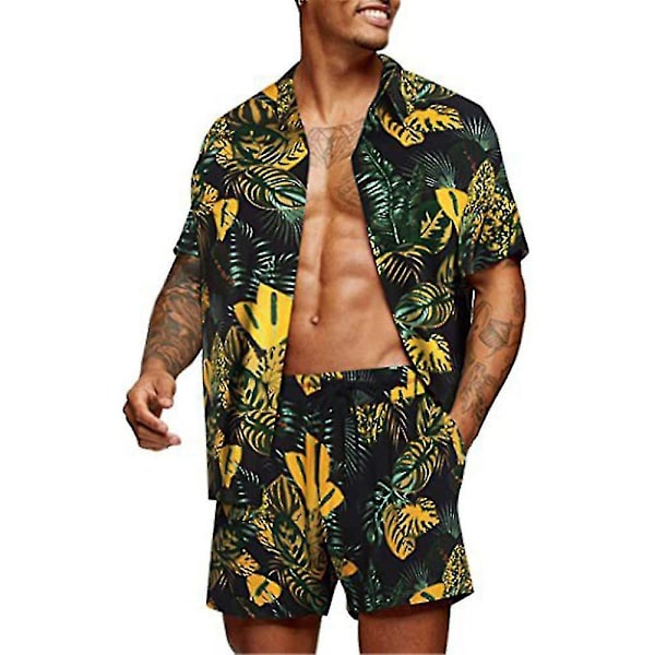 Hawaiianskjortor för män Casual Button Down kortärmad Yellow L