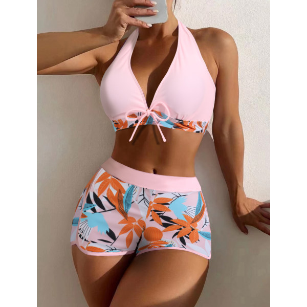 Hög midja Boxer Tie Print Solid Bikini Set pink L