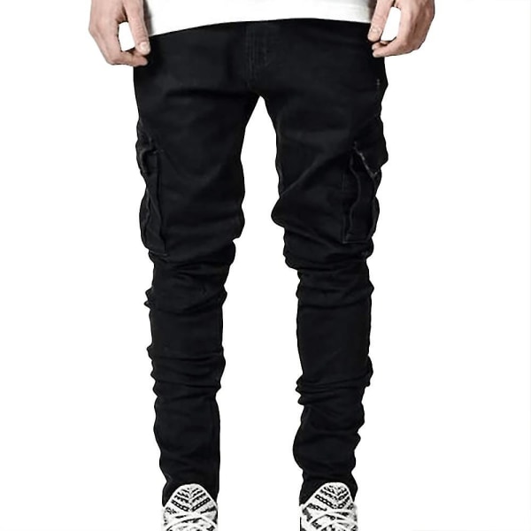 Män Cargo Combat Denim Byxor Skinny Jeans Black XL