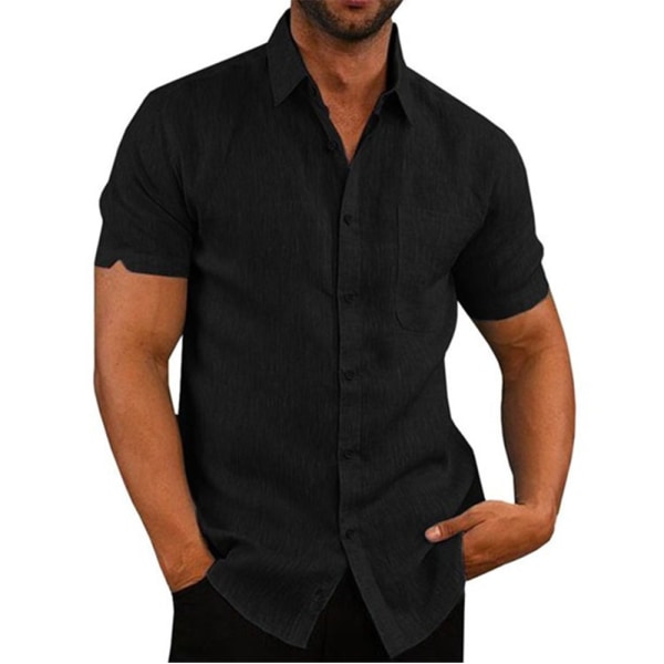 Bomullslinne Hot Sale Kortärmade skjortor för män Black XL 80-90 KG