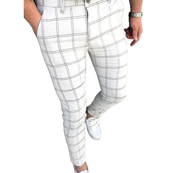 Män Rutig Chino arbetsbyxor Casual Business White XL