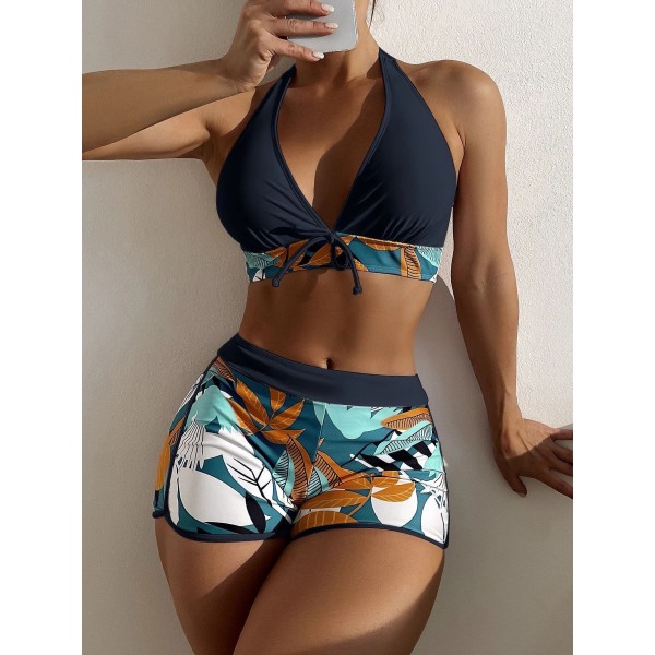 Hög midja Boxer Tie Print Solid Bikini Set black XL