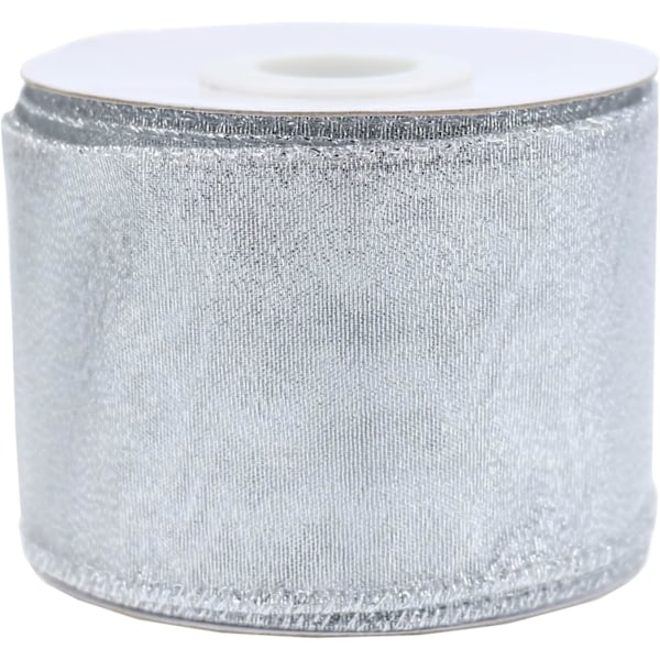 Silver Wired Ribbon 2-1/2 tum Silver Julband med Wired Edge Silver