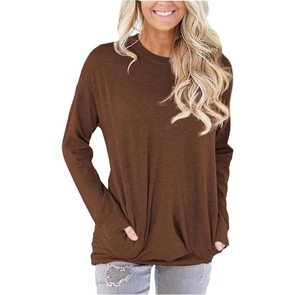 Dam tröjor höst pullover tröjor casual lös passform tunika topp bekväm söt sweatshirts långärmad crewneck t-shirts m7 brown Large