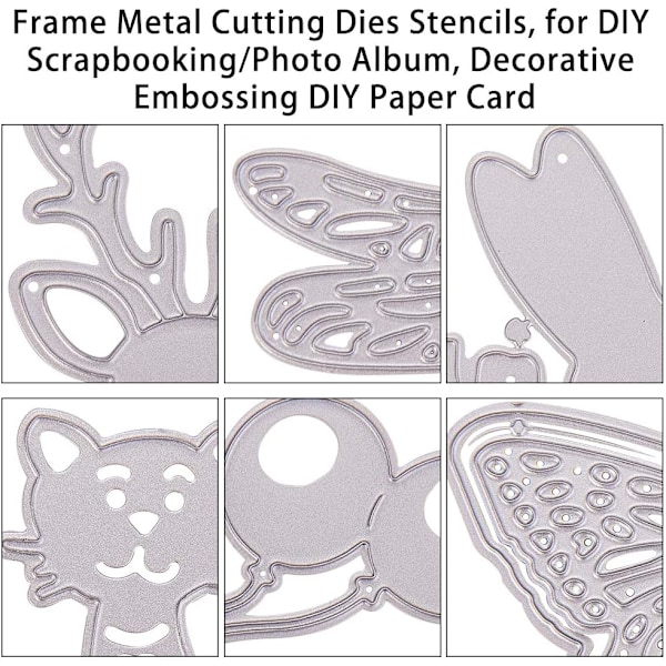 Animal Metal Cutting Dies Stencils (6st) - fjäril, hjort, kanin, trollslända, katt, elefant