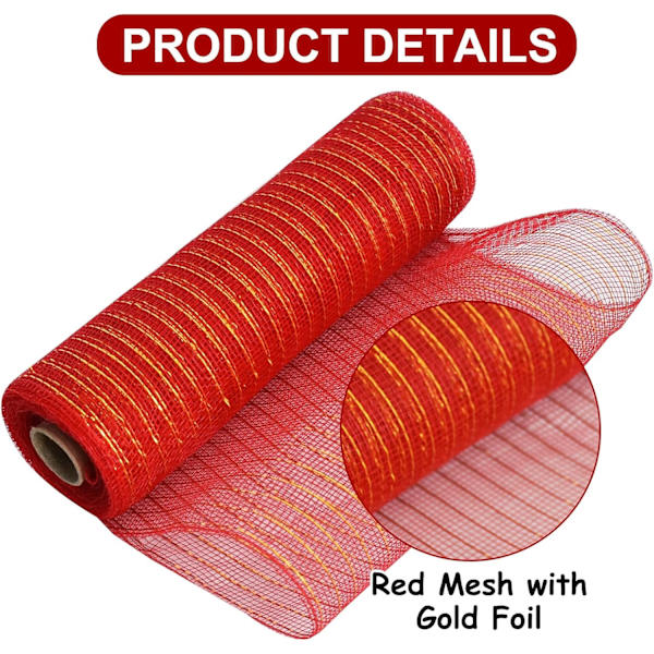 Rød Metallic Deco Mesh Bånd 10 Tommer x 10 Yard Stof Mesh Rulle Dekorativ
