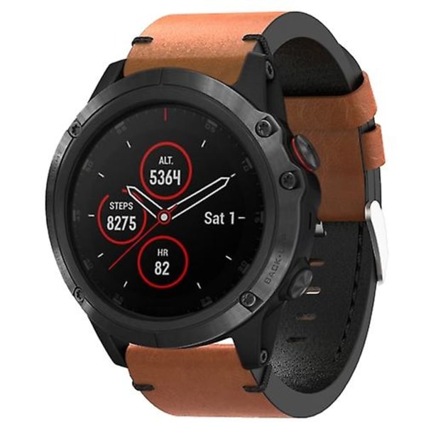 For Garmin Fenix 5x Plus 26mm Lær Søm Stål Spenne Klokkebånd FLS Brown