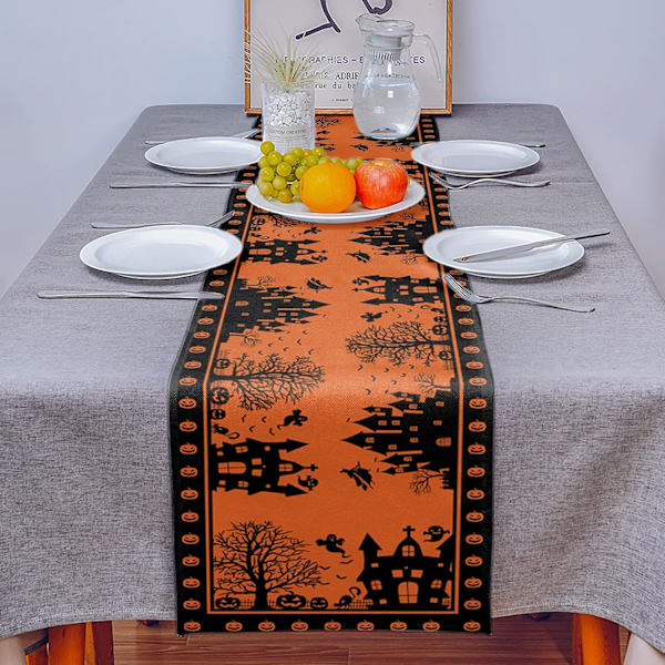 Halloween husbordløper 90 tommer lang, Haunte House oransje svart gresskar bordløper resser skjerf for Halloween innendørs fester og utendørs