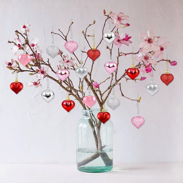 36 Valentins Hjerteformede Ornamenter - Valentins Hjertepynt - Røde, Lyserøde, Sølv Glitrende Hjerteformede Kugler - Romantisk Jul Valentinsdag
