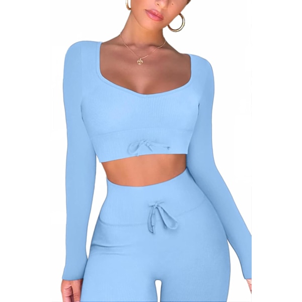 Kvinnors Ribbade Stickade Mjuka Andningsbara Sport Crop Top Långärmad Plunge Träning