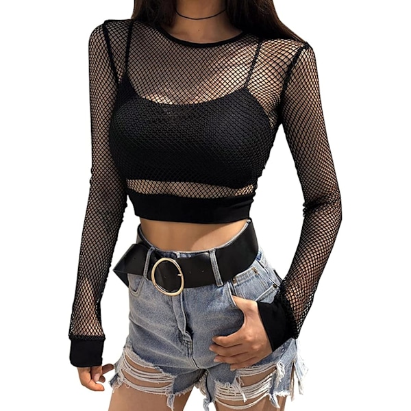 Kvinnerskjorter Tulle Mesh Langærmet Skjorter Topper Transparent Svart Langærmet