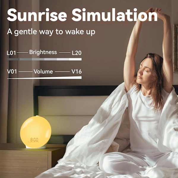 Soloppgang Vekkerklokke for Tung Sovende og Barn, Vekkelyset for Soverom med Soloppgang og Solnedgang Simulering, Sovetimer, Dobbel Alarm og FM-radio,