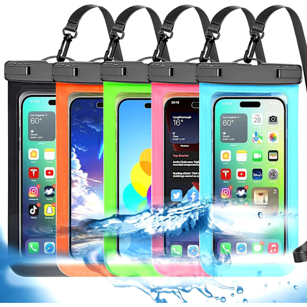 Flerfarget Universell Vanntett Telefonpose - IP68 Tørrboks for iPhone, Samsung & Opptil 6,5\" Enheter (5 Pakning)