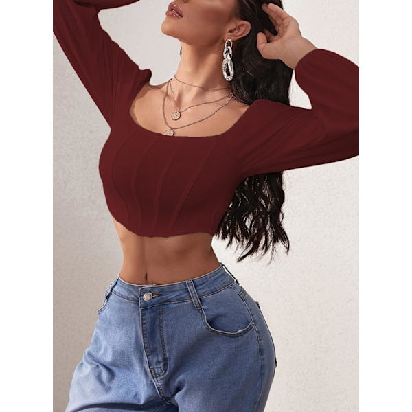 Kvinde Rib Strik Crop Top Langærmet Firkantet Hals Puff Korset Bluse