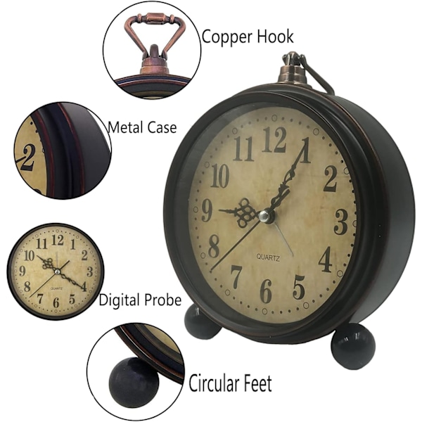 5 tommers retro analog alarmklokke, Baery-drevet stille ikke-tikkende liten klokke for nattbord, skrivebord, soverom, stue, gaveklokke arabisk arabisk