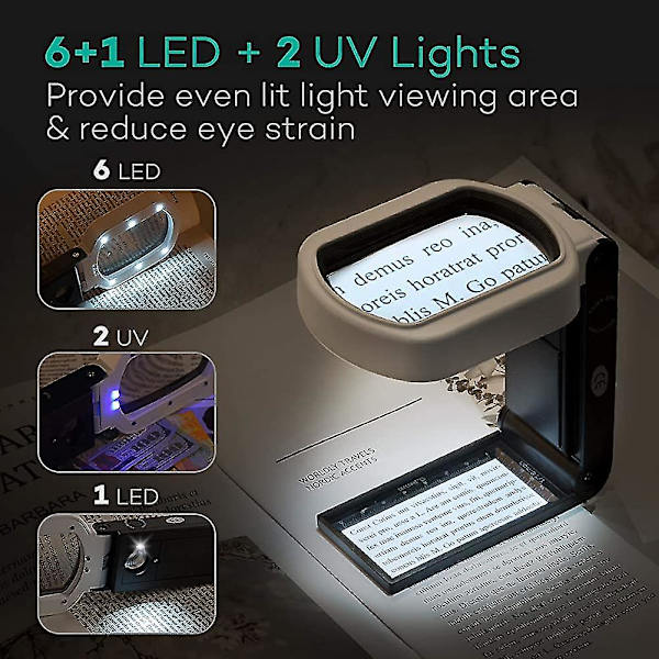 Forstørrelsesglas med lys, 3.5x/25x lys 6 LED oplyst læseforstørrelsesglas