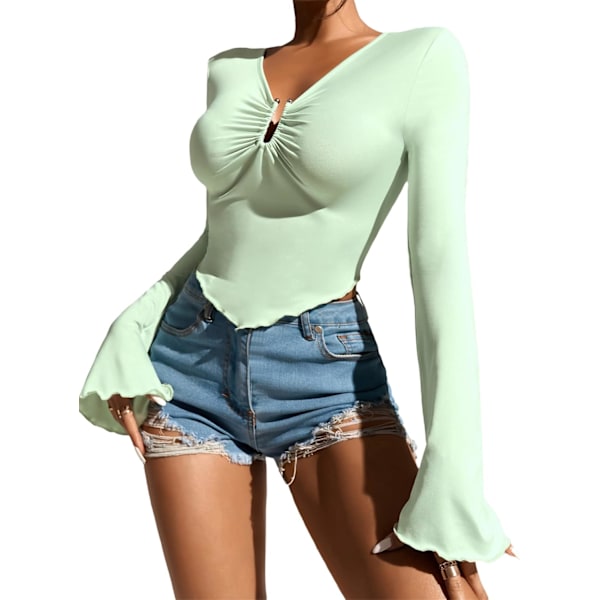 Kvinnors Randig Tryck Långärmad Asymmetrisk Fåll Crop Top T-shirt
